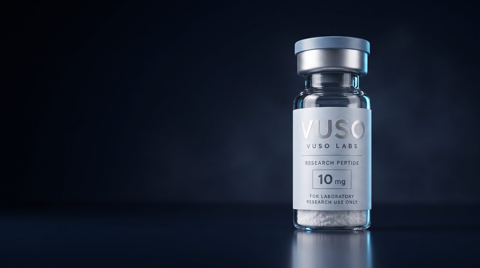A VUSO Labs research peptide vial on a dark reflective surface: clear glass with white lyophilised powder, a brushed silver crimp collar and a powder-blue cap. The label reads VUSO, VUSO LABS, RESEARCH PEPTIDE, 10 mg, FOR LABORATORY RESEARCH USE ONLY.